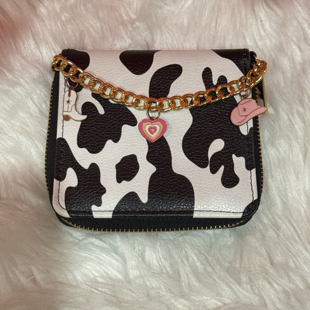 Cow Print Zip-Around Wallet w/ Gold Chain & Charms